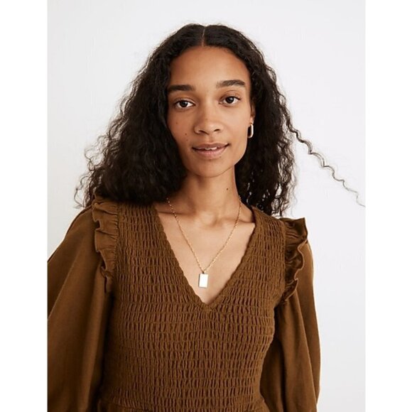 💕MADEWELL💕 Flannel Lucie V-Neck Smocked Mini Dress Weathered Olive Medium NWOT - Picture 5 of 15